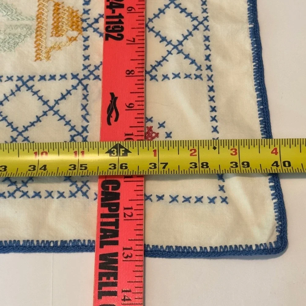 Vtg‎ Hand Embroidered Floral Cross Stitch Table Runner Blue Crochet Edge 40x13